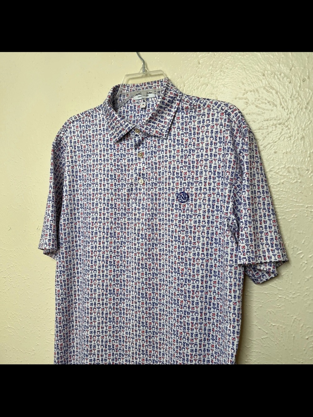 RED SKY RANCH Peter Millar White Polo with Blue and Red Micro Print